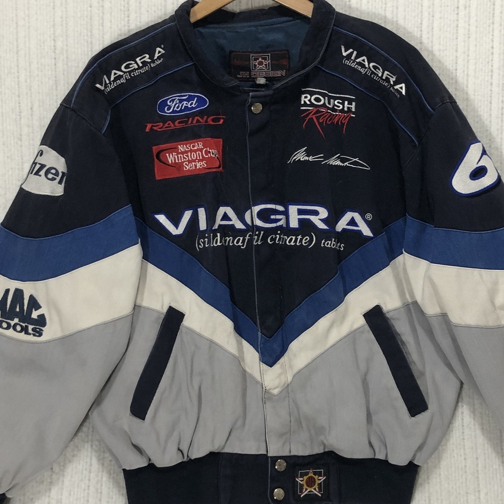 JH Design NASCAR Mark Martin Roush Racing V-gra Jacket Navy Blue Grey Mens L